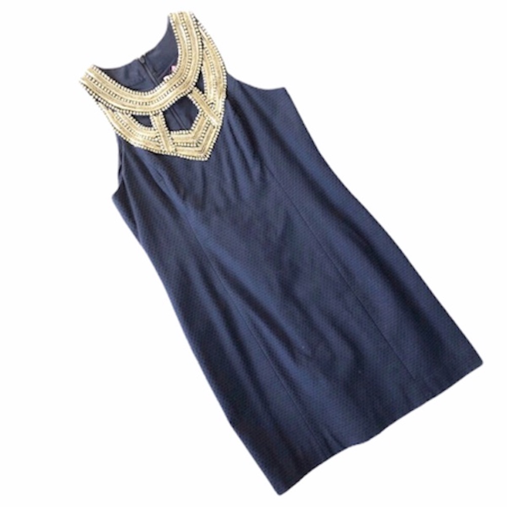 Lilly Pulitzer Carlton Shift Dress Navy Gold Beaded Neck Sleeveless Size 8 NWT